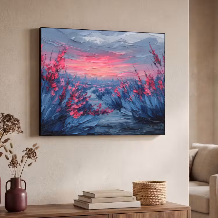 Schilderij - Zonsondergang - Bloemen - Rivier Textielframe zwart klein -sfeer3