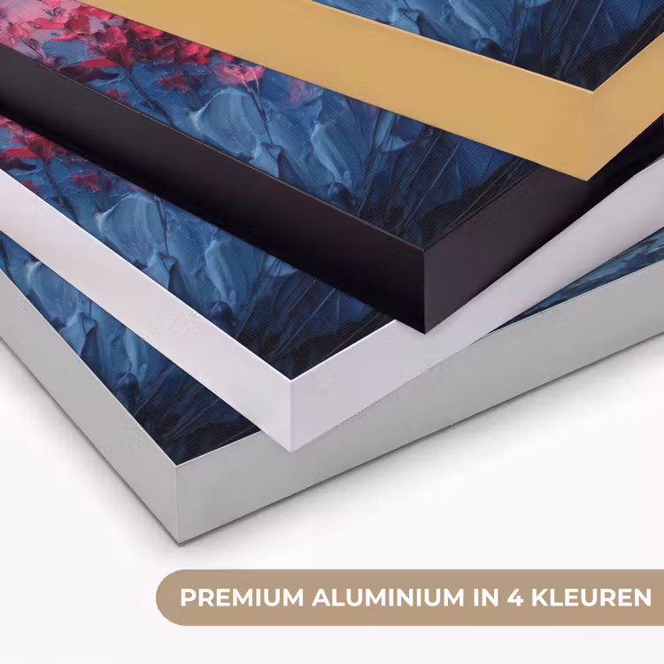 Schilderij - Zonsondergang - Bloemen - Rivier Textielframe zwart klein -USP_kleurenNL