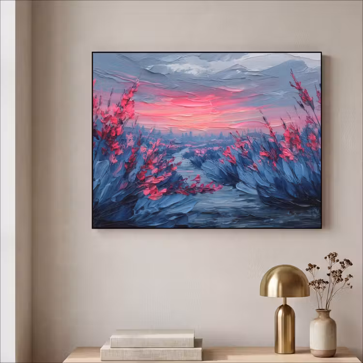 Schilderij - Zonsondergang - Bloemen - Rivier Textielframe zwart klein -sfeer2