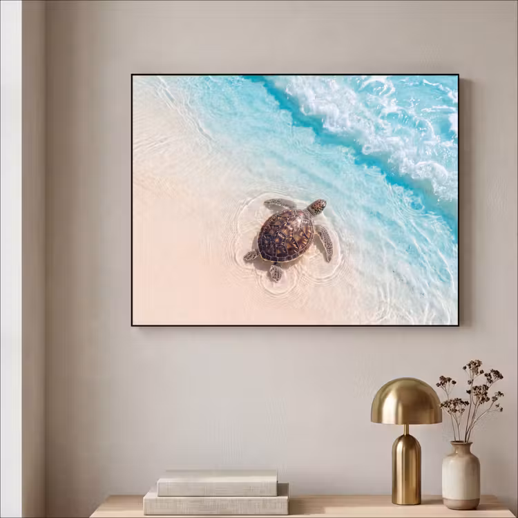 Schildpad - Helder water - Strand - Dieren - Natuur Textielframe zwart klein -sfeer2