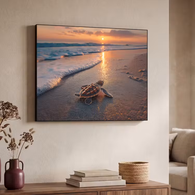 Schildpad - strand - Zonsondergang Textielframe zwart klein -sfeer3