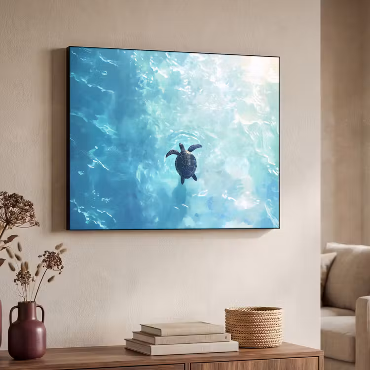 Schildpad - Zee - Blauw - Schittering Textielframe zwart klein -sfeer3