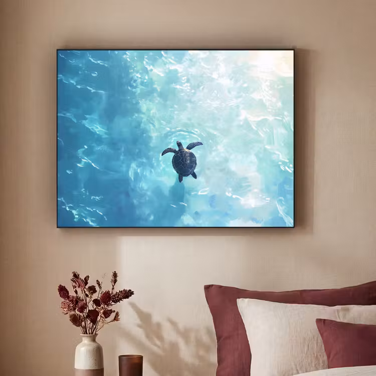 Schildpad - Zee - Blauw - Schittering Textielframe zwart klein -sfeer1