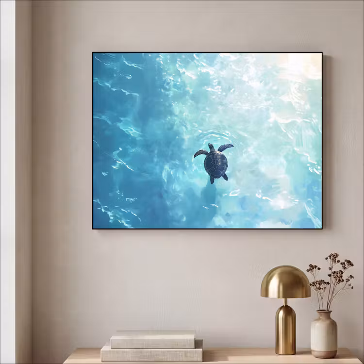 Schildpad - Zee - Blauw - Schittering Textielframe zwart klein -sfeer2