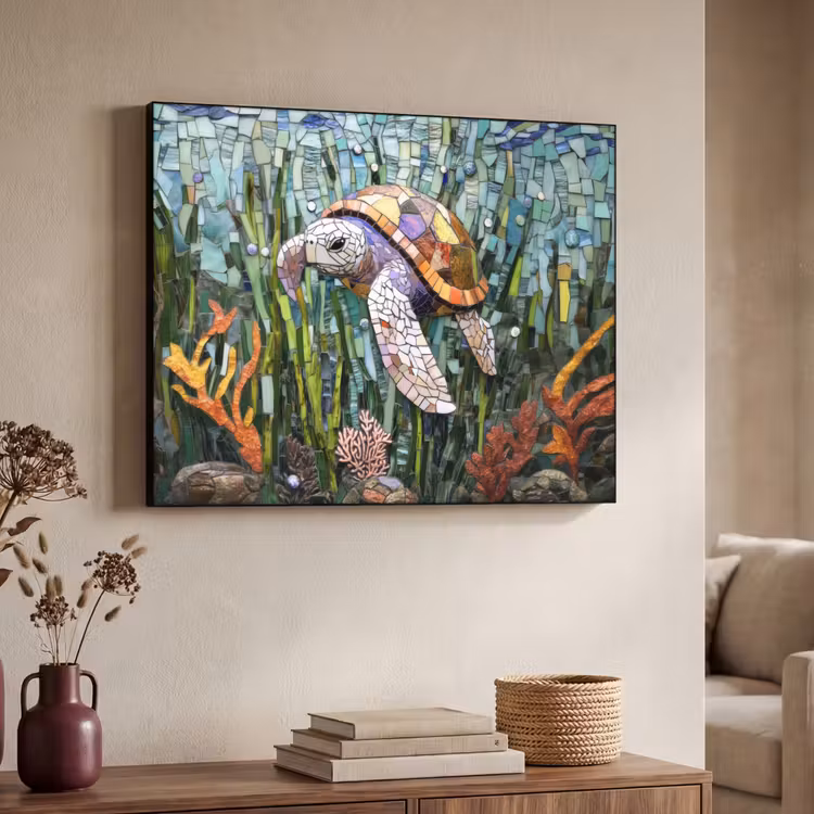 Schildpad - Zeewier - Mozaïek Textielframe - compleet frame klein -sfeer3