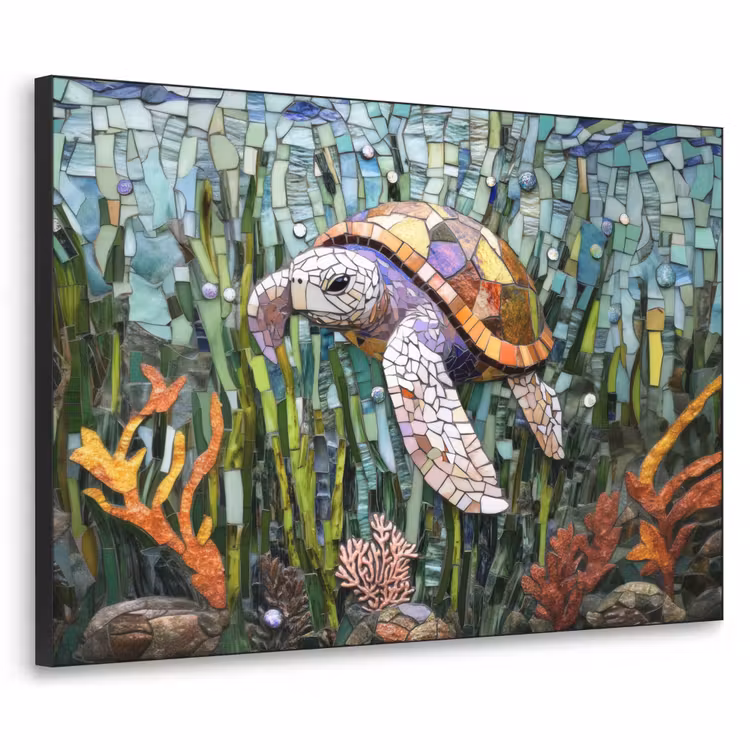 Schildpad - Zeewier - Mozaïek Textielframe zwart klein -3d