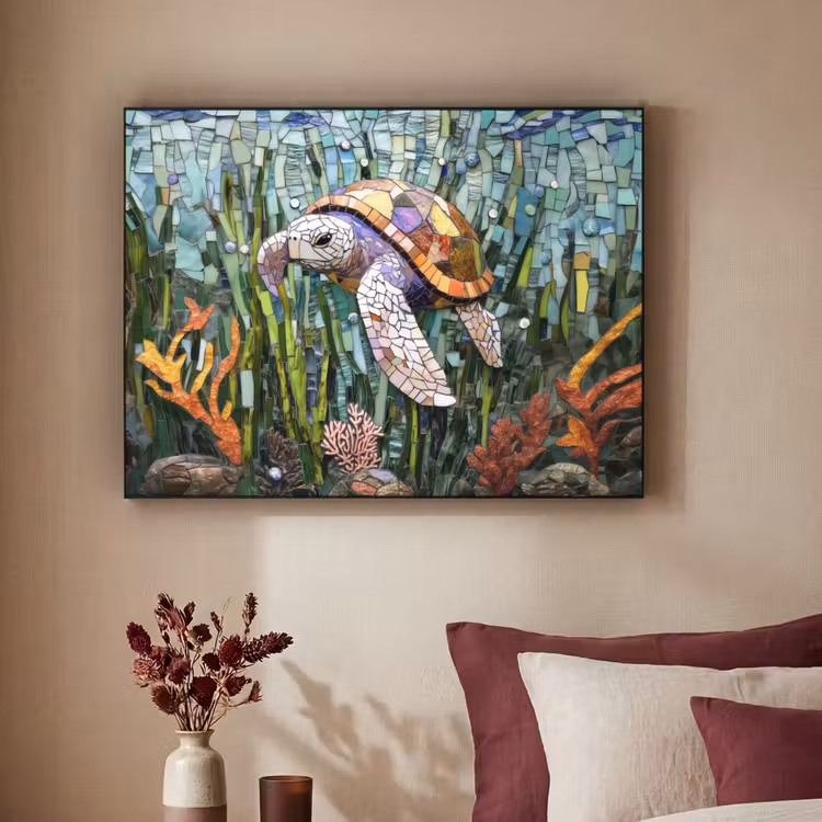 Schildpad - Zeewier - Mozaïek Textielframe - compleet frame klein -sfeer1