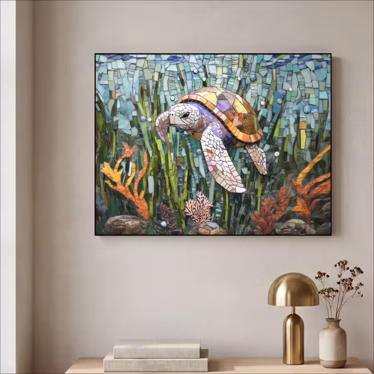 Schildpad - Zeewier - Mozaïek Textielframe - compleet frame klein -sfeer2