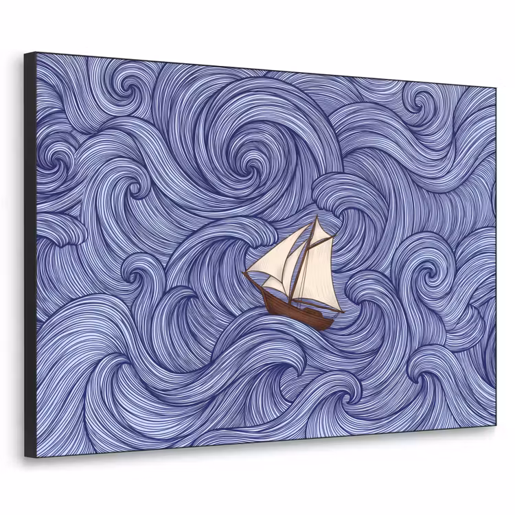 Schip - Golven - Zee - Illustratie - Blauw Textielframe zwart klein -3d