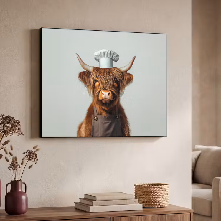 Schotse Hooglander - Bruin - Hoorns - Kokskleding Textielframe - compleet frame klein -sfeer3