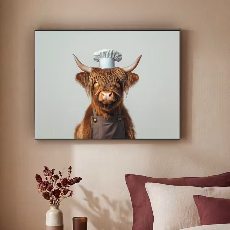 Schotse Hooglander - Bruin - Hoorns - Kokskleding Textielframe zwart klein -sfeer1