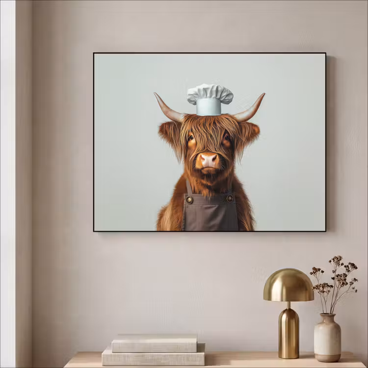 Schotse Hooglander - Bruin - Hoorns - Kokskleding Textielframe zwart klein -sfeer2