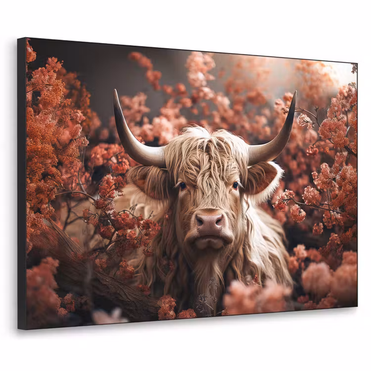 Schotse hooglander - Dier - Natuur - Bloemen - Botanisch Textielframe zwart klein -3d