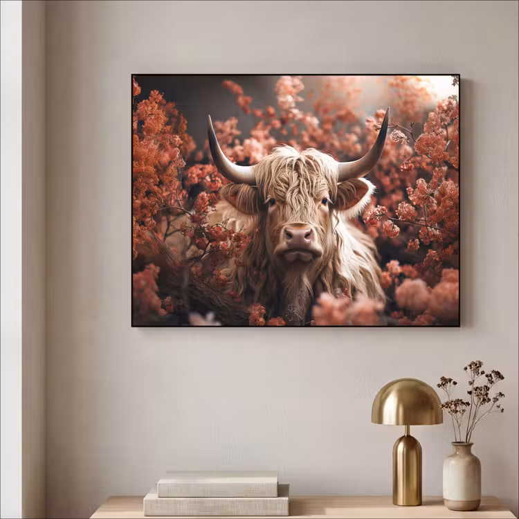 Schotse hooglander - Dier - Natuur - Bloemen - Botanisch Textielframe zwart klein -sfeer2