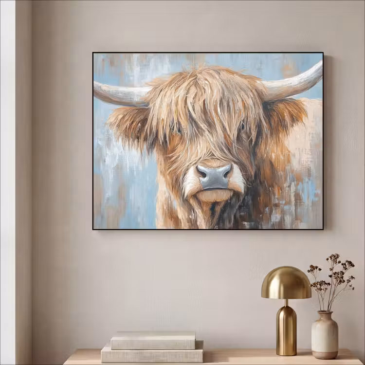Schotse hooglander - Dieren - Koe - Street art Textielframe - compleet frame klein -sfeer2