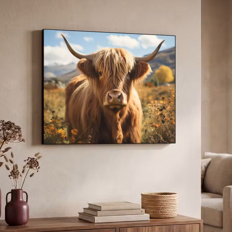 Schotse hooglander - Dieren portret - Natuur - Dier Textielframe zwart klein -sfeer3