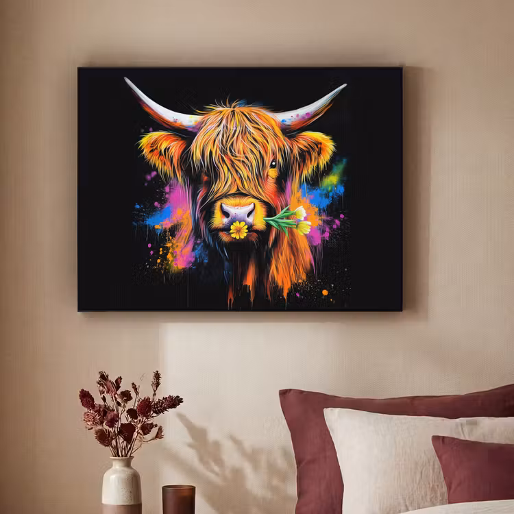 Schotse Hooglander - Graffiti - Kleurrijk - Bloem - Dieren Textielframe zwart klein -sfeer1