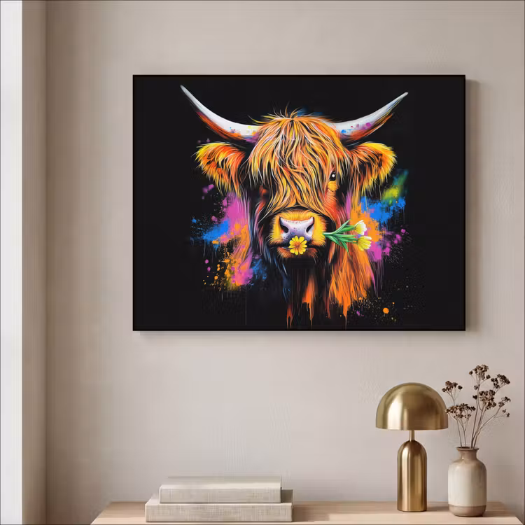 Schotse Hooglander - Graffiti - Kleurrijk - Bloem - Dieren Textielframe zwart klein -sfeer2