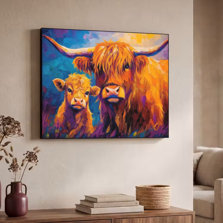 Schotse hooglander - Koeien - Dieren - Kunst Textielframe zwart klein -sfeer3
