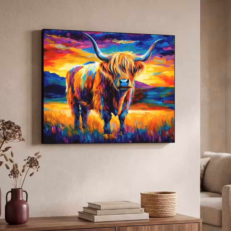 Schotse hooglander - Kunst - Koe - Dieren - Landschap Textielframe - compleet frame klein -sfeer3