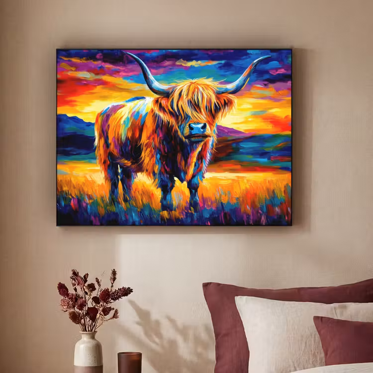 Schotse hooglander - Kunst - Koe - Dieren - Landschap Textielframe zwart klein -sfeer1