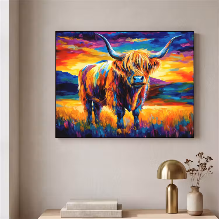 Schotse hooglander - Kunst - Koe - Dieren - Landschap Textielframe - compleet frame klein -sfeer2