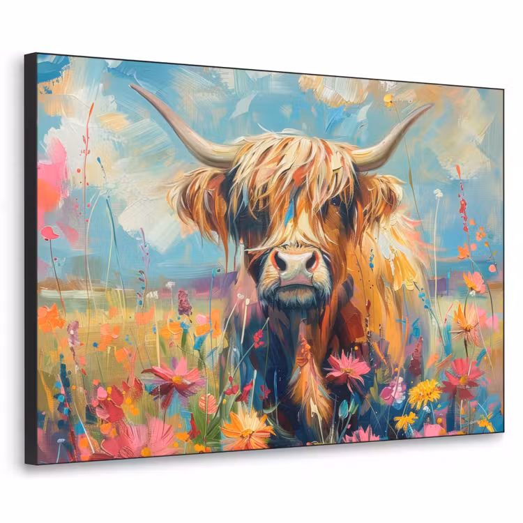 Schotse hooglander - Natuur - Kleurrijk - Bloemen Textielframe zwart klein -3d