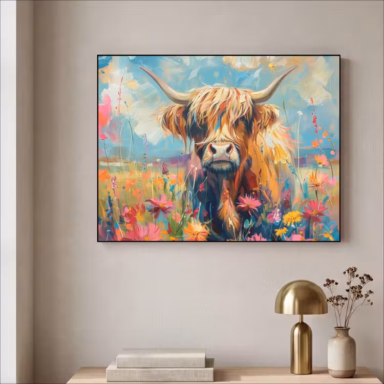 Schotse hooglander - Natuur - Kleurrijk - Bloemen Textielframe zwart klein -sfeer2