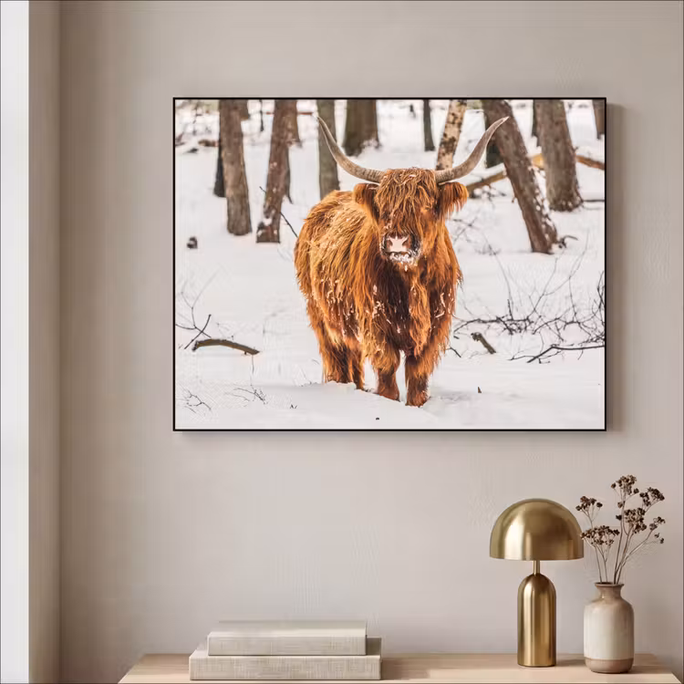 Schotse Hooglander - Sneeuw - Winter - Natuur - Dieren Textielframe - compleet frame klein -sfeer2