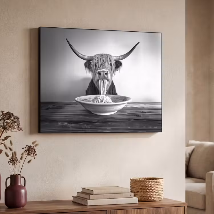 Schotse Hooglander - Spaghetti - Dieren - Zwart wit Textielframe - compleet frame klein -sfeer3