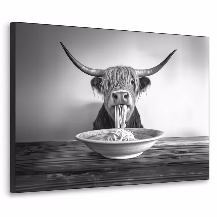 Schotse Hooglander - Spaghetti - Dieren - Zwart wit Textielframe zwart klein -3d