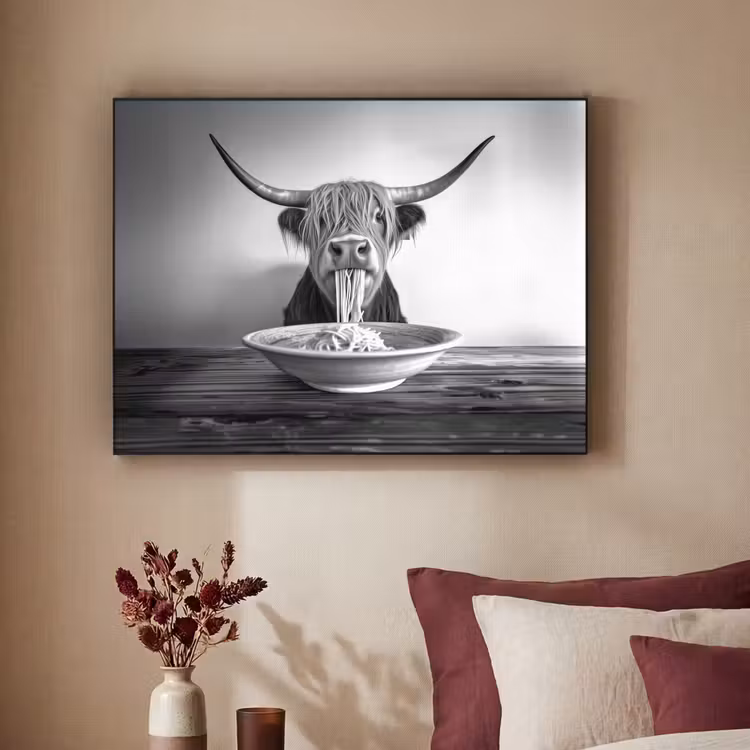 Schotse Hooglander - Spaghetti - Dieren - Zwart wit Textielframe - compleet frame klein -sfeer1