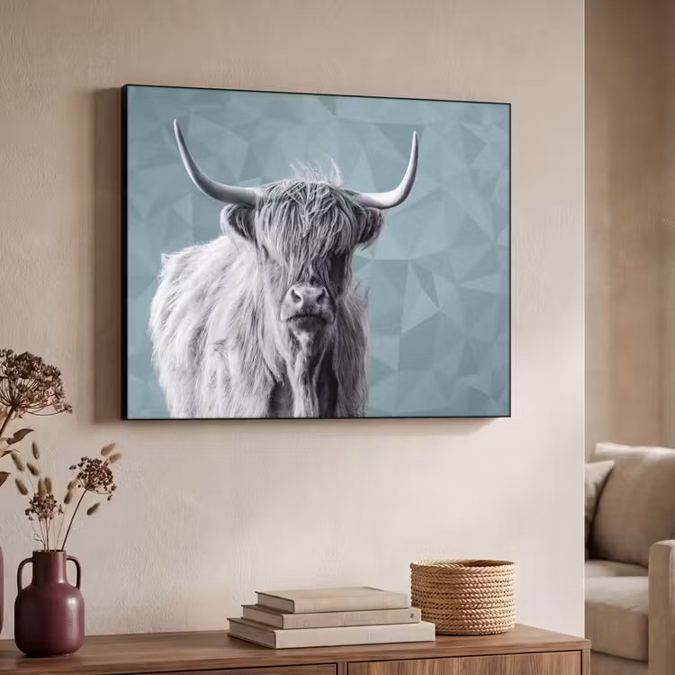Schotse hooglander - Zwart wit - Patroon - Driehoek Textielframe zwart klein -sfeer3