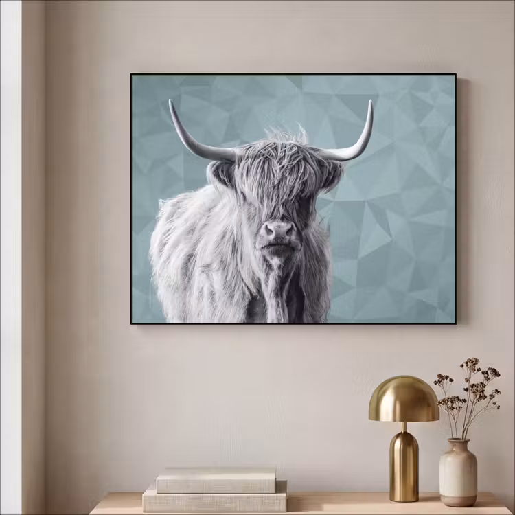 Schotse hooglander - Zwart wit - Patroon - Driehoek Textielframe - compleet frame klein -sfeer2