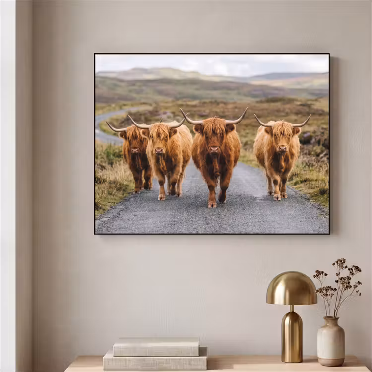 Schotse Hooglanders - Weg - Landschap - Kudde Textielframe zwart klein -sfeer2