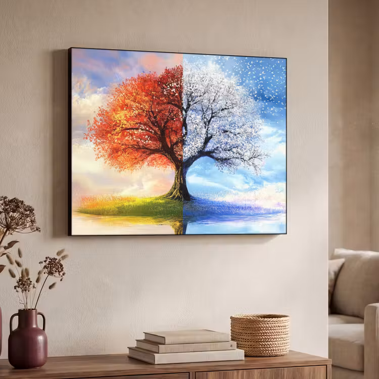 Seizoenen - Kunst - Boom - Winter - Herfst Textielframe zwart klein -sfeer3