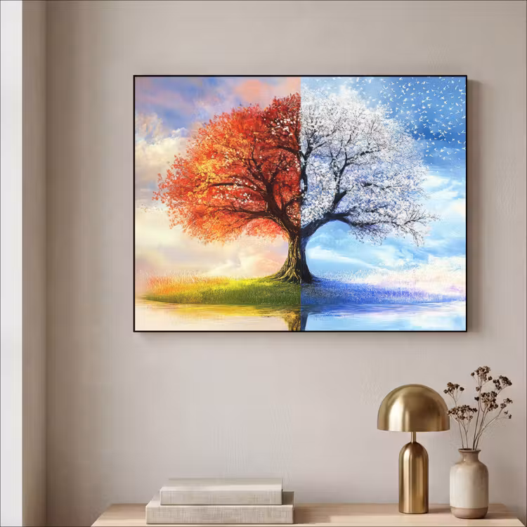 Seizoenen - Kunst - Boom - Winter - Herfst Textielframe zwart klein -sfeer2
