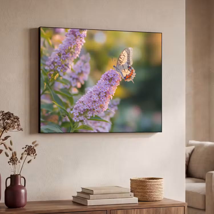 Sierlijke - Vlinder - Paarse - Bloemen Textielframe zwart klein -sfeer3