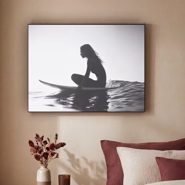 Silhouet - Vrouw - Surfplank - Water Textielframe zwart klein -sfeer1