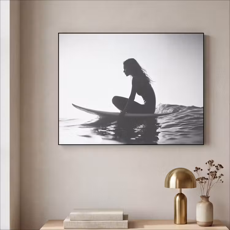Silhouet - Vrouw - Surfplank - Water Textielframe - compleet frame klein -sfeer2