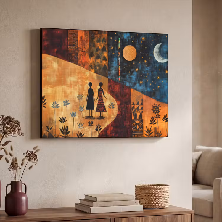 Silhouetten - Abstract - Zon - Maan Textielframe - compleet frame klein -sfeer3