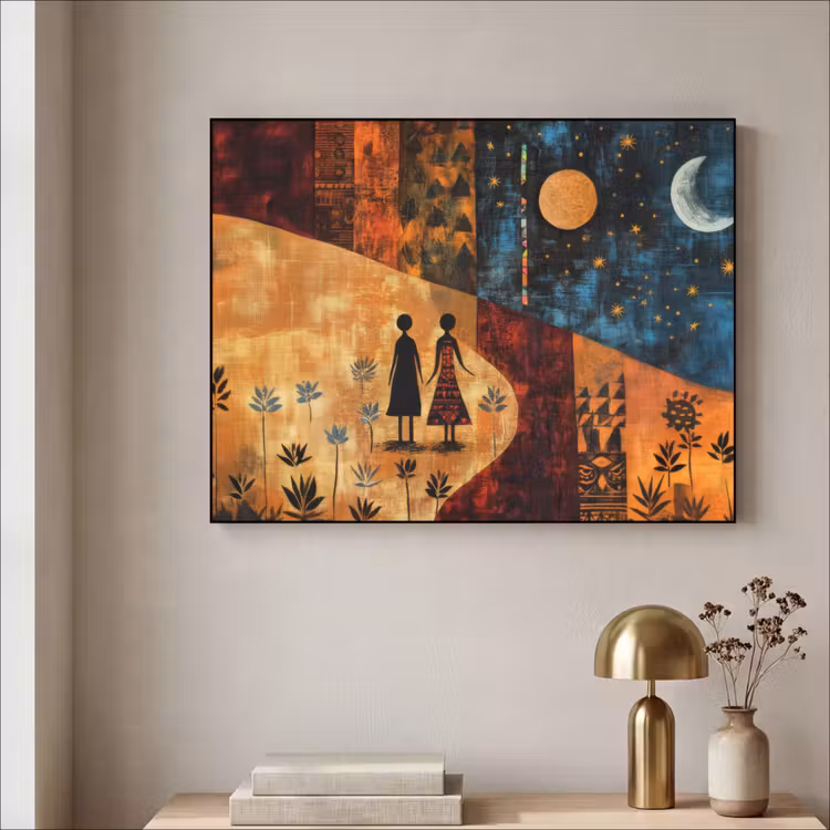 Silhouetten - Abstract - Zon - Maan Textielframe - compleet frame klein -sfeer2