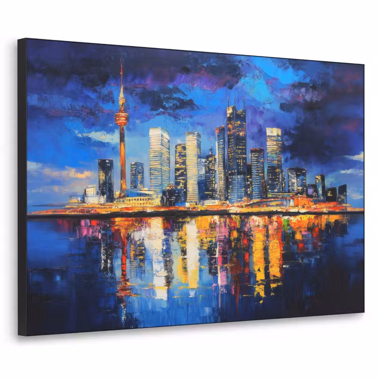 Skyline Toronto - Modern - Stadslicht - Blauw Textielframe zwart klein -3d