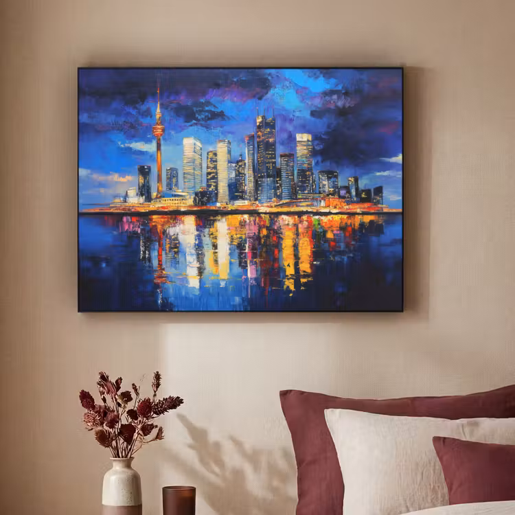 Skyline Toronto - Modern - Stadslicht - Blauw Textielframe zwart klein -sfeer1