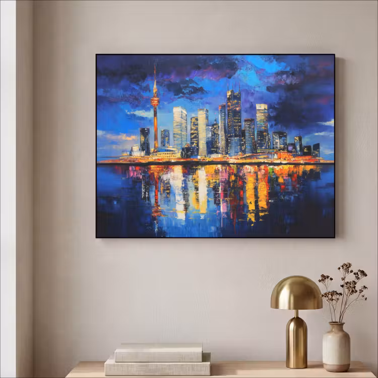 Skyline Toronto - Modern - Stadslicht - Blauw Textielframe - compleet frame klein -sfeer2