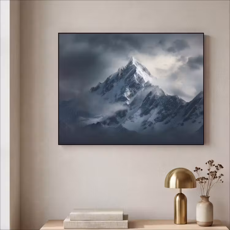 Sneeuw - Berg - Wolken Textielframe zwart klein -sfeer2
