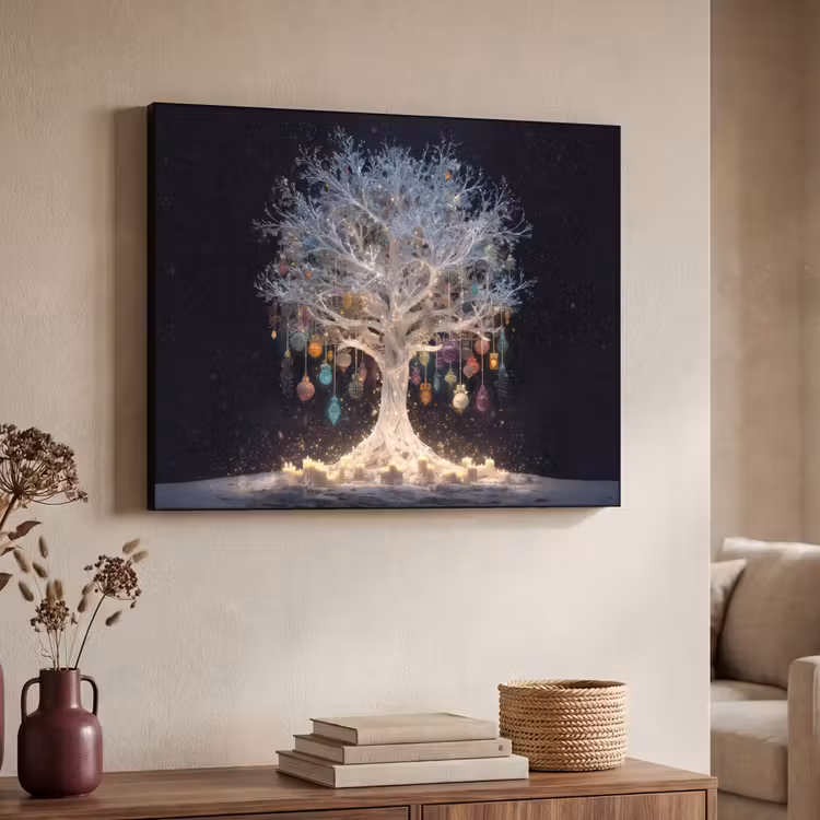 Sneeuwboom  - Lichtjes - Wit - Kleurrijk Textielframe zwart klein -sfeer3