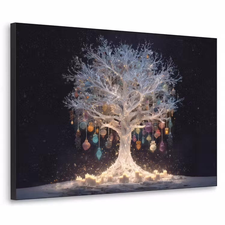 Sneeuwboom  - Lichtjes - Wit - Kleurrijk Textielframe zwart klein -3d