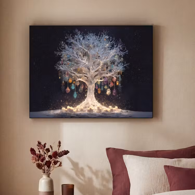 Sneeuwboom  - Lichtjes - Wit - Kleurrijk Textielframe zwart klein -sfeer1