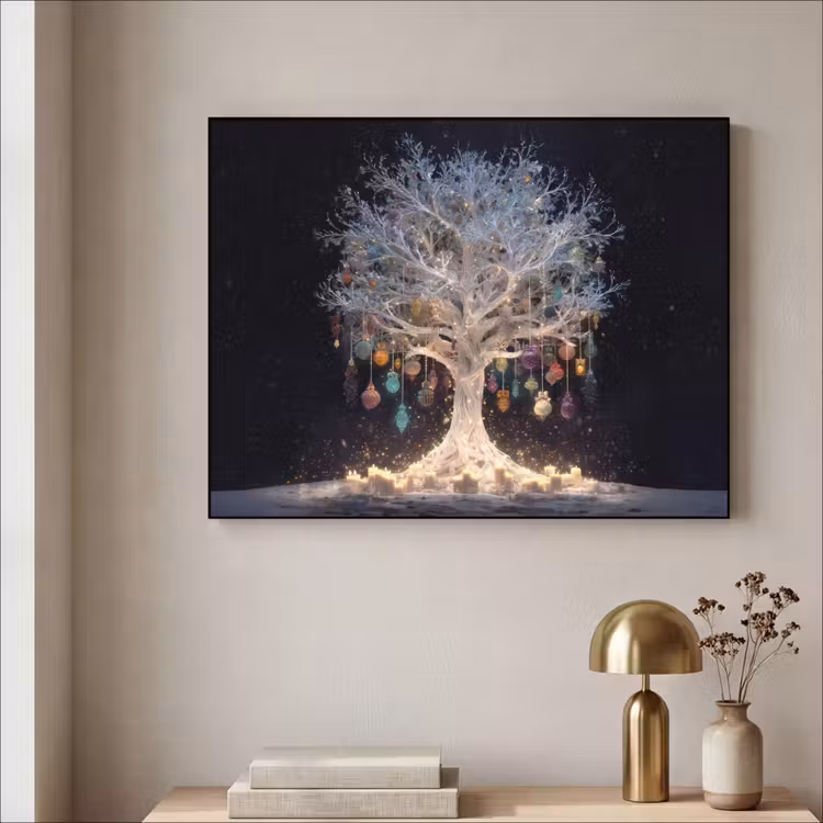 Sneeuwboom  - Lichtjes - Wit - Kleurrijk Textielframe zwart klein -sfeer2